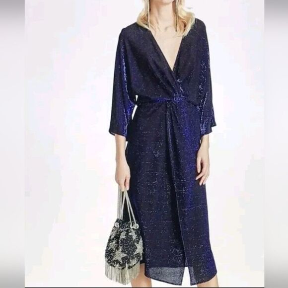 Zara Blue Shimmer Sparkle Lurex V-Neck Crossover Midi Dress Cocktail Size XS - Picture 13 of 13